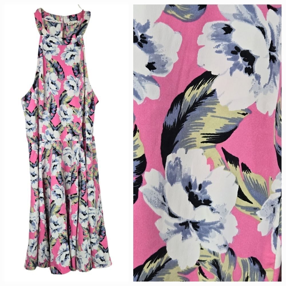 Hollister Skater Dress Pink Floral Sundress Sleeveless Halter Chiffon Fit Flare - Picture 2 of 13